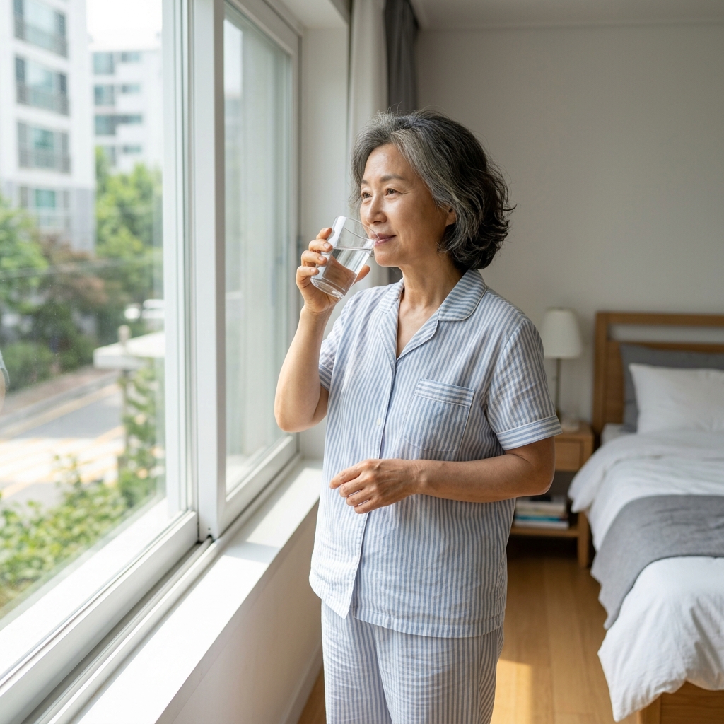 침대에서 막 일어난 60대 여성이 침실 창가에서 물 한 잔을 들고 있는 아침 풍경