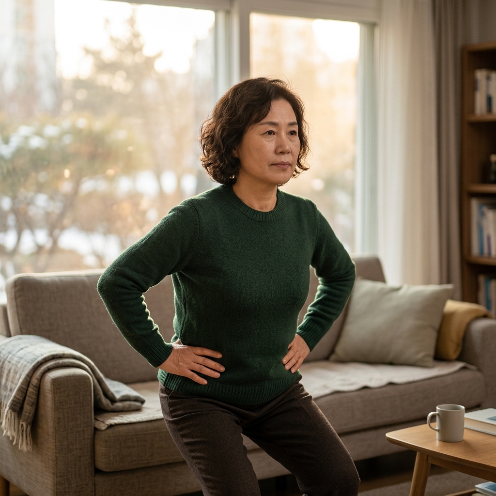 거실 소파 앞에서 양손을 허리에 대고 의자 높이만큼 앉았다 일어서는 동작을 반복하는 60대 여성, 창밖으로 겨울 오후 햇빛이 비치는 배경