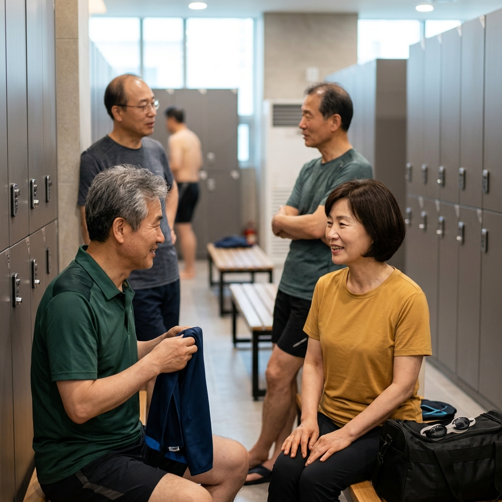 수영장 락커룸에서 같은 시간대 수업 듣는 60대 남성들이 가벼운 대화 나누는 장면
