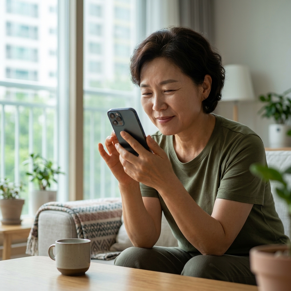 중장년 여성이 거실 소파에 앉아 스마트폰 화면을 손으로 가까이 가져가 들여다보는 장면, 얇은 긴팔 니트 차림, 창밖으로 부드러운 자연광