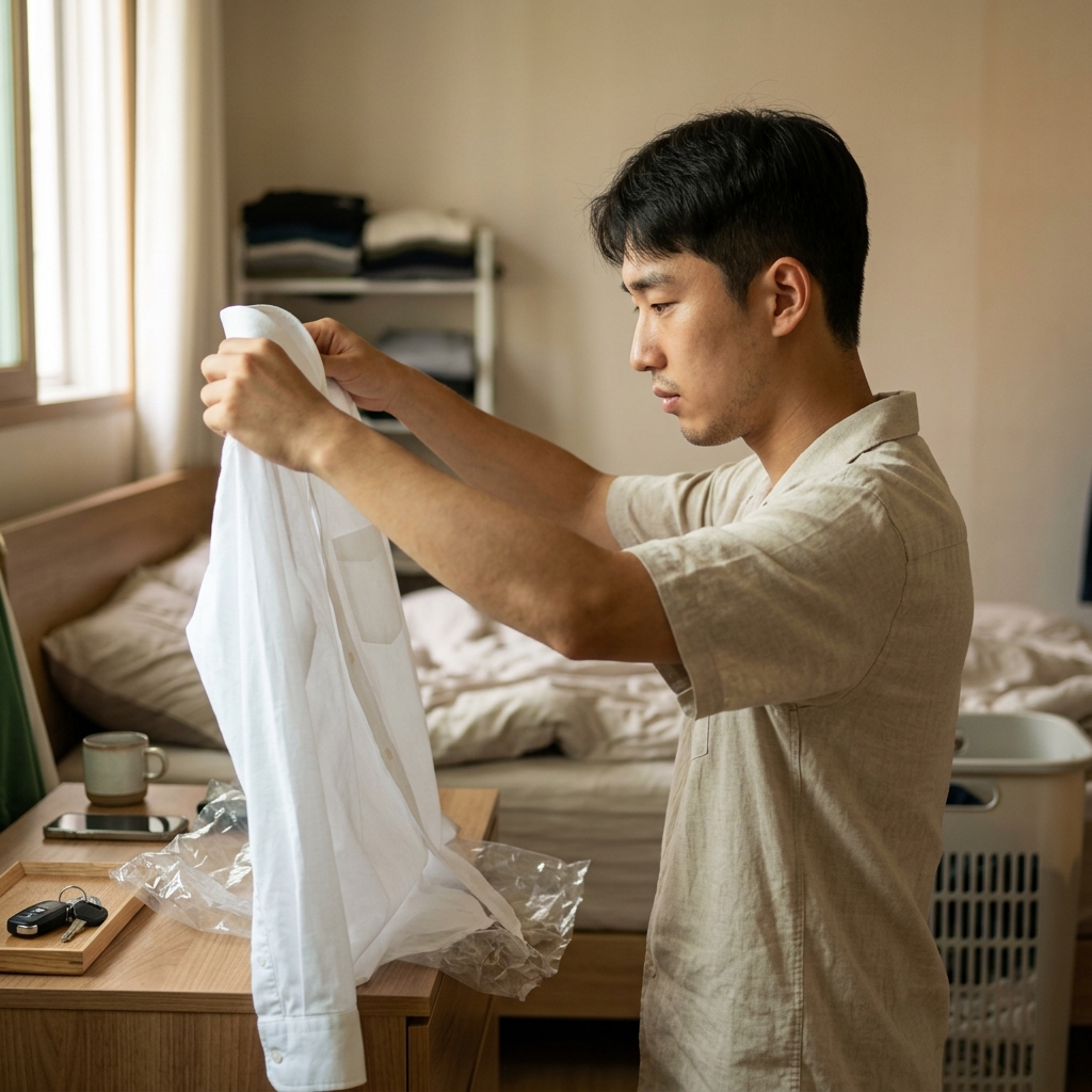 비닐 포장에서 막 꺼낸 새 흰색 셔츠를 손으로 펼쳐 들고 세탁 여부를 고민하는 모습