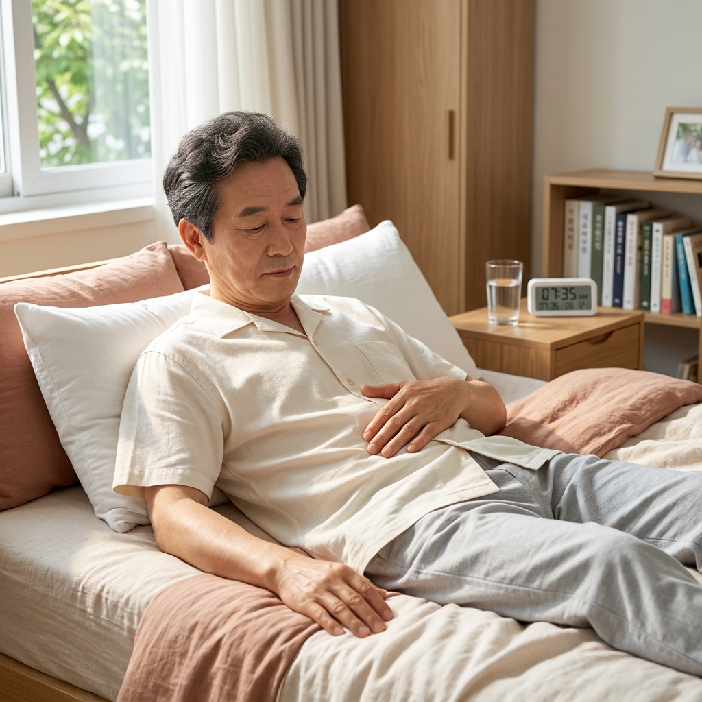 침대에 누운 70대 남성이 배꼽 주위를 손으로 가볍게 눌러보며 박동 여부를 확인하는 모습, 배경은 햇살 들어오는 침실