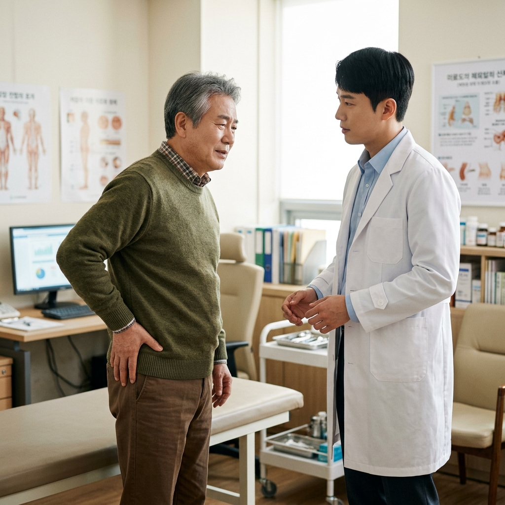 둔부 깊은 곳을 손으로 가리키며 통증 부위를 설명하는 65세 시니어와 진료실에서 자세를 확인하는 의료진, 중립 조명의 실내 배경