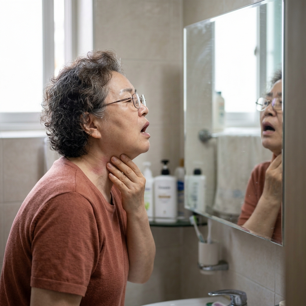 70대 어르신이 거울 앞에서 목을 살피며 불편한 표情으로 입을 벌리고 있는 장면