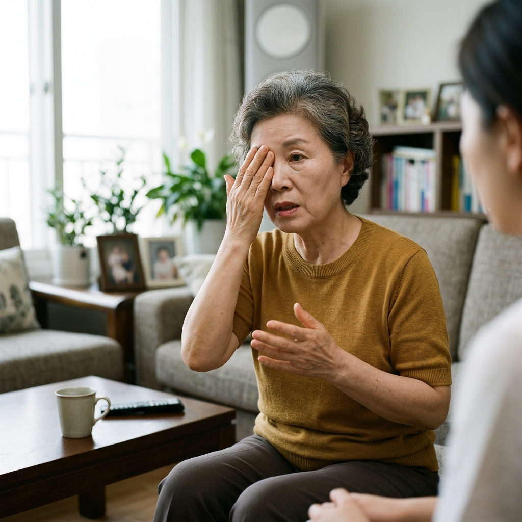 70대 여성이 거실에서 한쪽 눈을 가리고 시야를 확인하며 불안한 표情으로 가족에게 증상을 설명하는 장면, 창밖으로 자연광이 들어오는 실내 배경