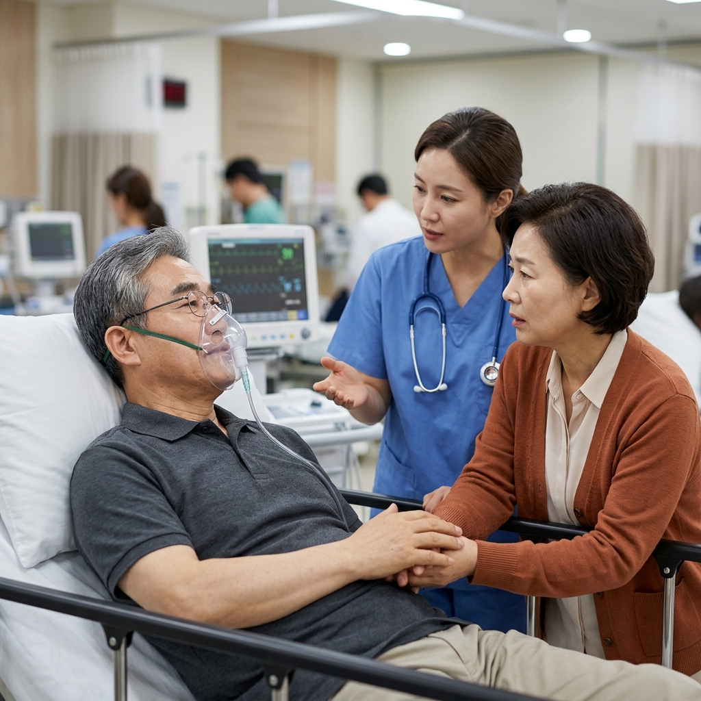 병원 응급실 침대에 누워 산소마스크를 쓴 60대 남성이 의료진의 설명을 듣고 있고, 곁에서 배우자가 손을 잡고 걱정스러운 표情을 짓고 있는 장면