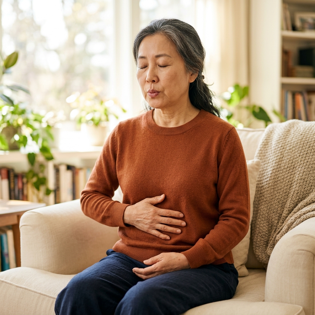 65세 여성이 밝은 거실 의자에 앉아 코로 천천히 숨을 들이마시고 입을 오므려 길게 내쉬는 복식호흡 훈련 모습, 배에 손을 올려 복부 움직임을 확인하는 장면