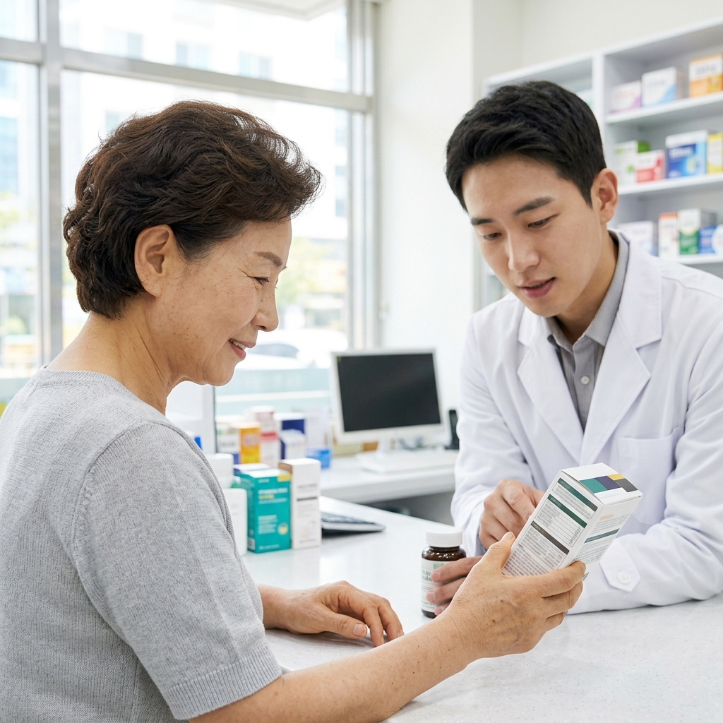 70대 여성이 약사와 상담하며 은행잎 추출물 제품 성분표를 함께 확인하는 장면, 밝은 약국 창구, 긴팔 블라우스