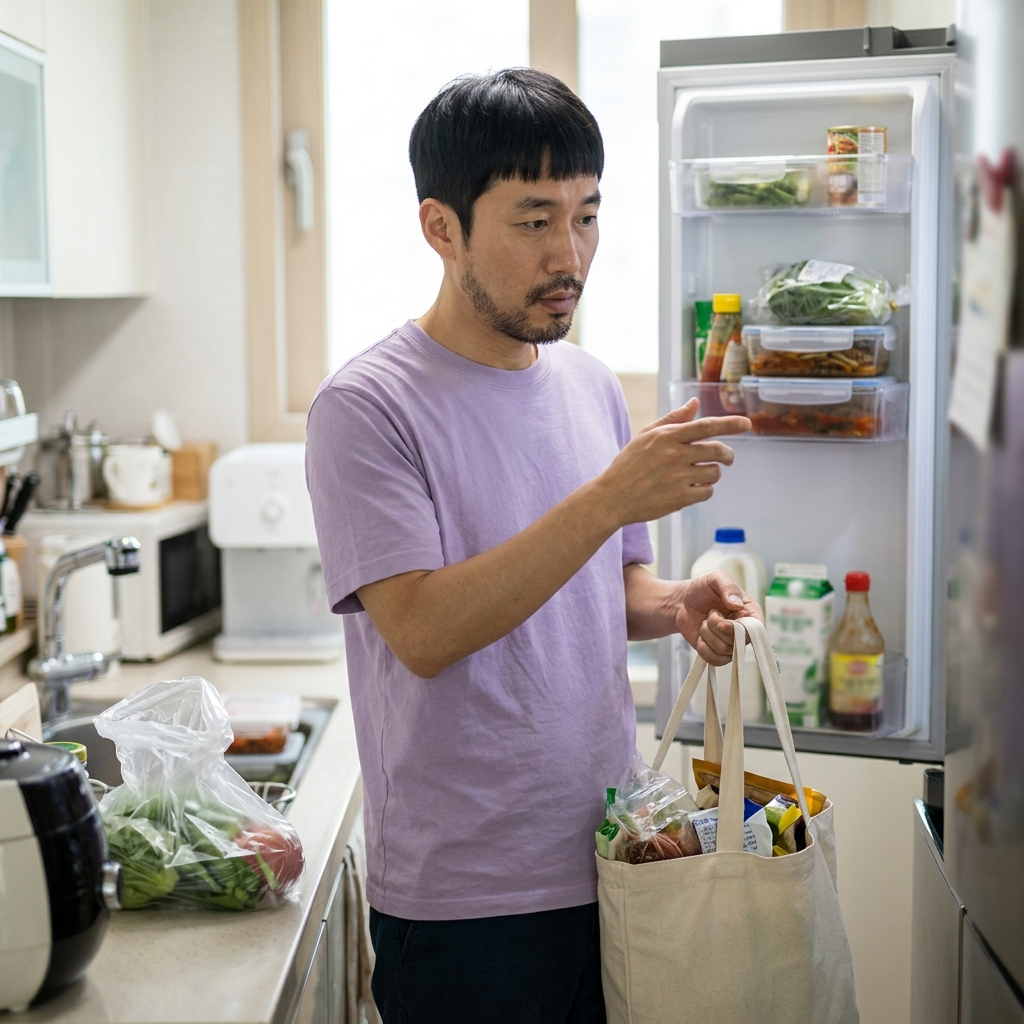 퇴근 후 마트 장바구니를 들고 냉장고 앞에 선 40대 직장인, 냉장고 안 식재료와 새로 산 재료를 비교하는 장면