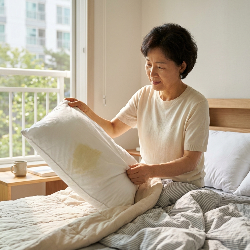 침실 침대 위 흰색 베개를 들어 올려 누런 변색 부분을 확인하는 중장년 여성, 얇은 반팔 셔츠 착용, 창밖으로 밝은 햇빛