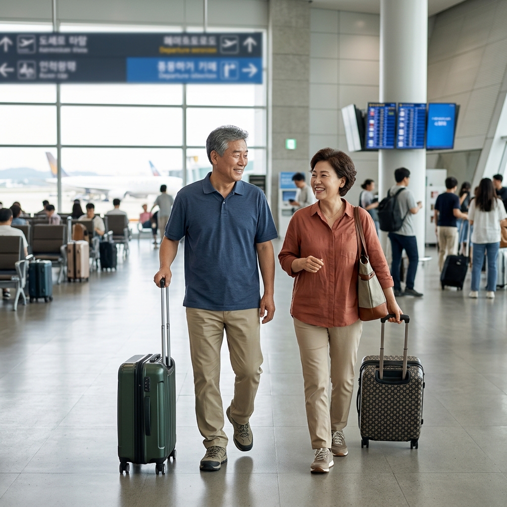 60대 부부가 공항 출국장에서 여행 가방을 끌고 미소 지으며 걷는 모습
