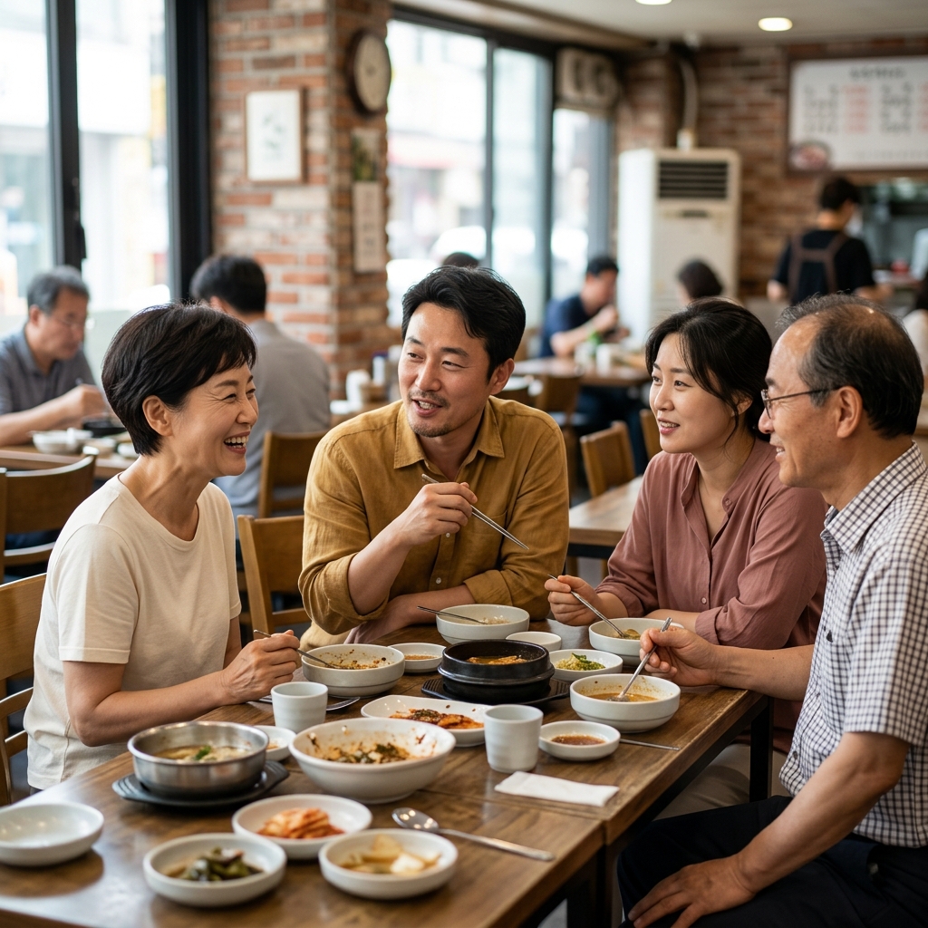 60대 부모님과 40대 자녀 부부가 식당 테이블에 둘러앉아 웃으며 대화하는 장면