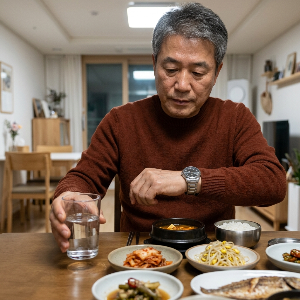저녁 식탁에 물컵을 내려놓으며 시계를 확인하는 60대 남성의 손과 테이블 위 모습