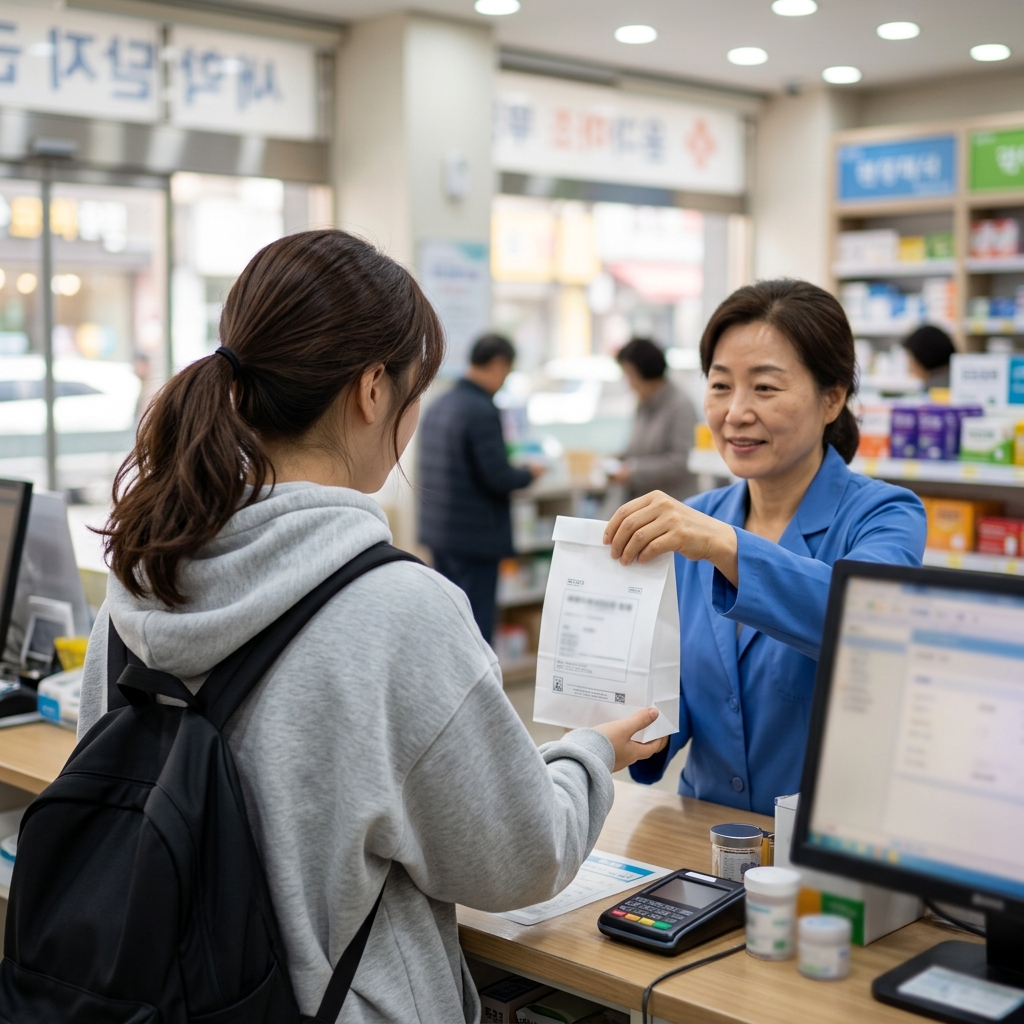 약국 창구에서 약봉투를 건네받는 학생의 뒷모습