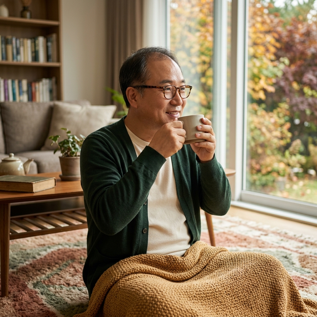 거실 바닥에 두꺼운 러그를 깔고 담요를 무릎에 덮은 채 따뜻한 차를 마시는 중년 남성, 얇은 가디건 차림, 창밖으로 보이는 가을 햇살
