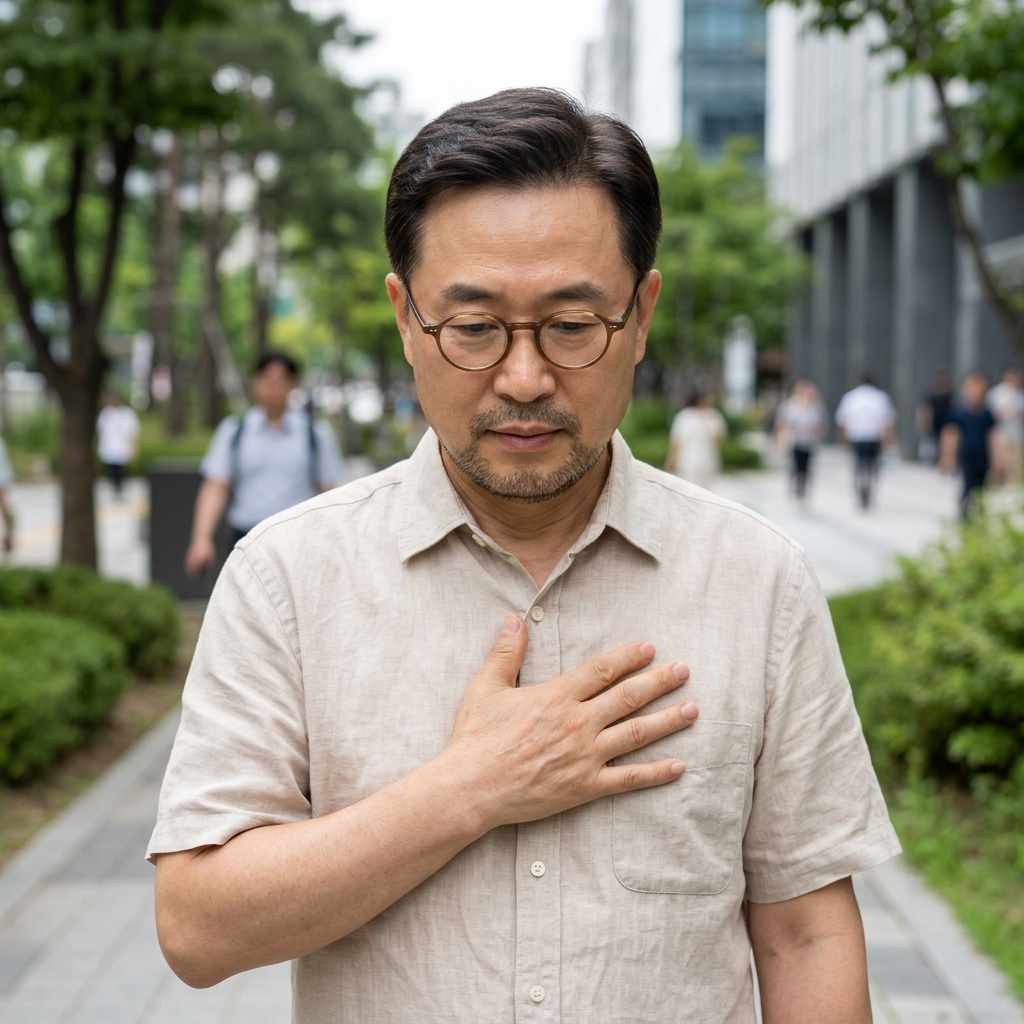 가슴에 손을 대고 맥박을 느끼는 30대 한국인 남성