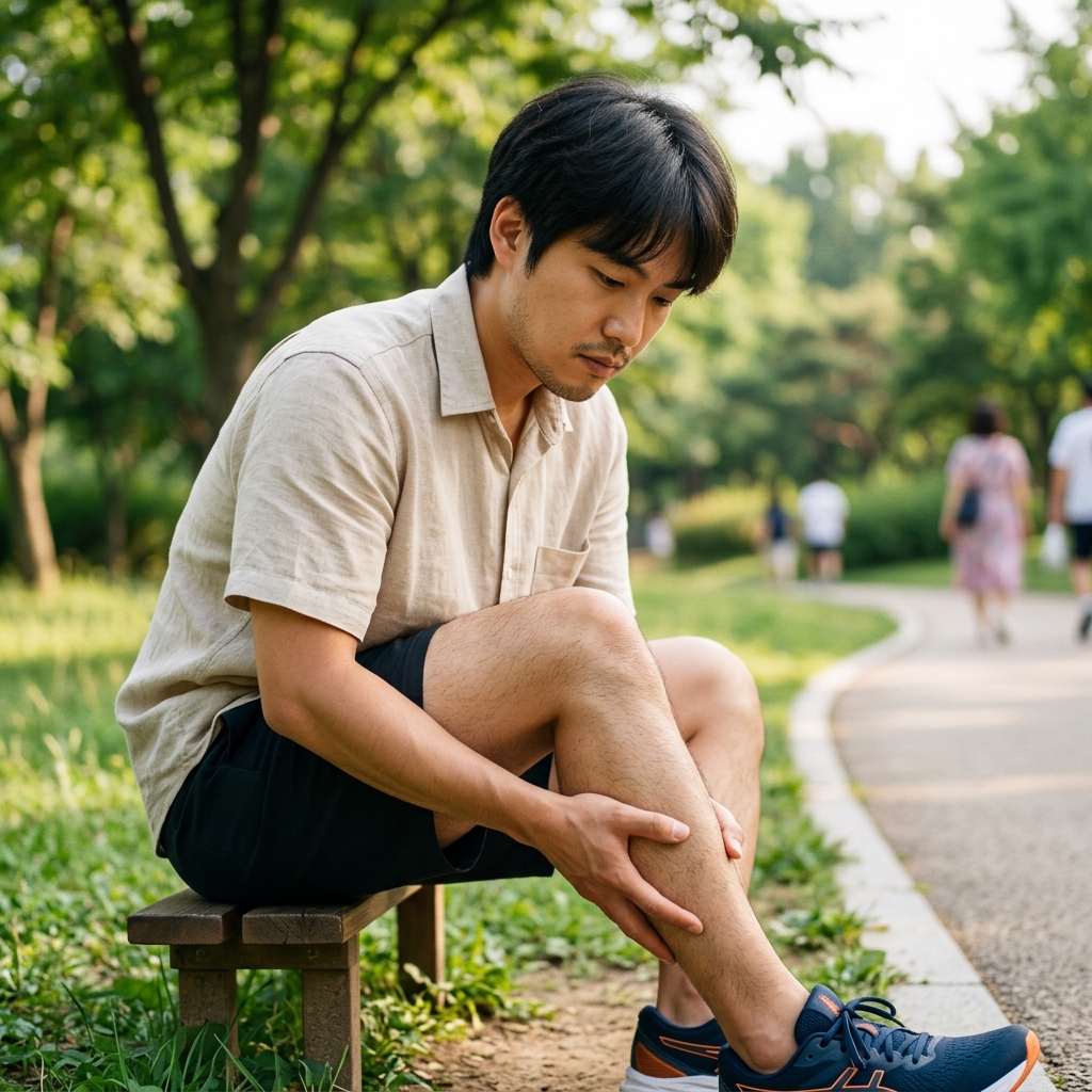 여름철 야외 활동 후 종아리를 잡고 있는 중년 남성의 모습