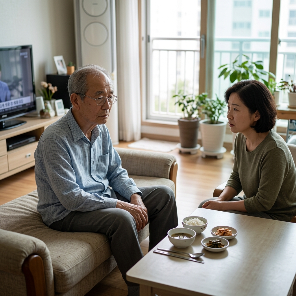 소파에 기대 앉아 무기력한 표정으로 식사를 거르는 70대 어르신과 걱정스럽게 지켜보는 중년 보호자, 실내 거실, 얇은 긴팔 셔츠