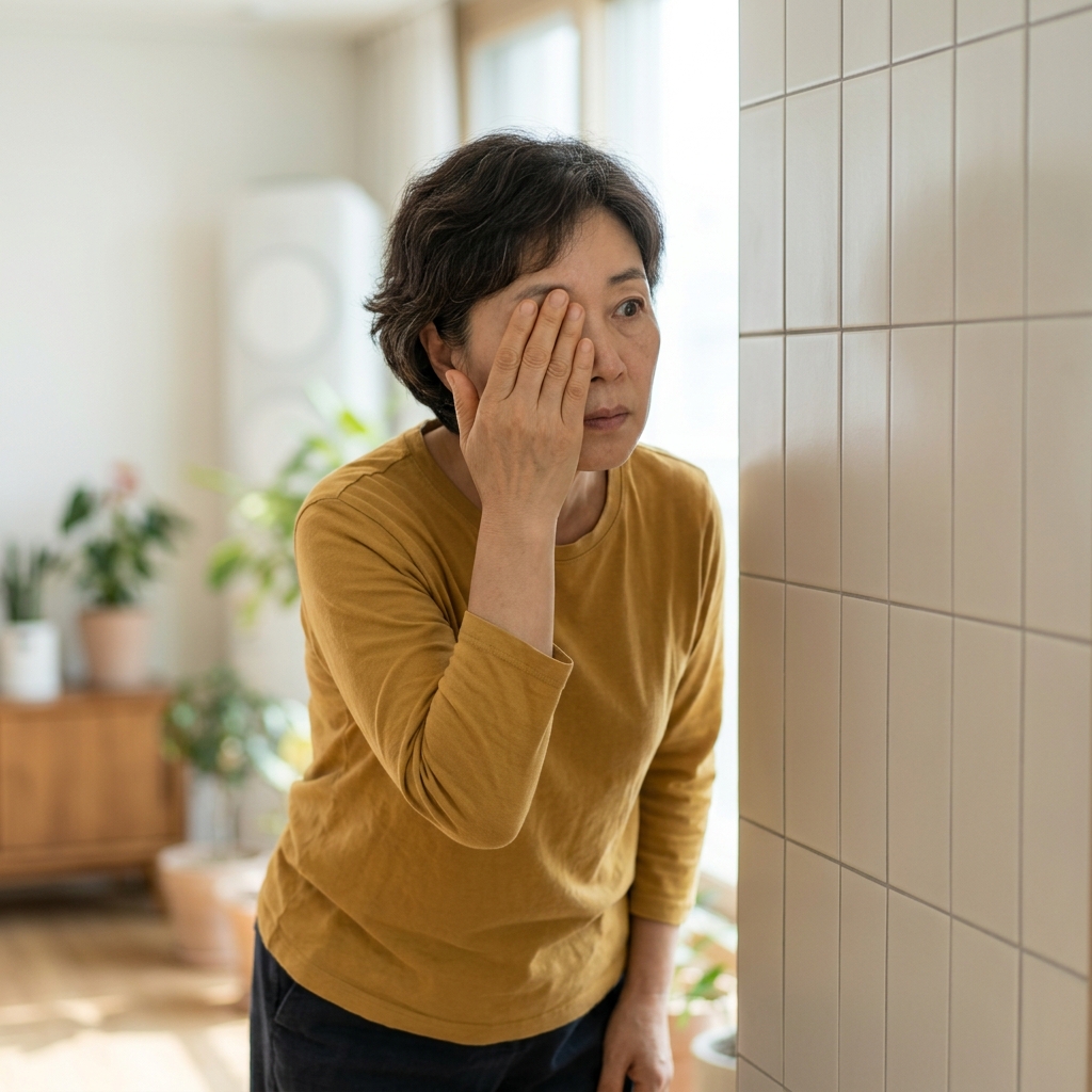 50대 후반 여성이 밝은 거실에서 한쪽 눈을 손으로 가리고 벽의 타일 선을 응시하는 장면