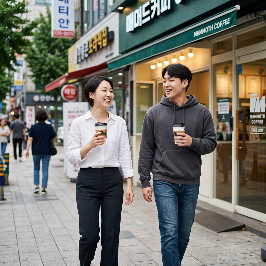 매머드커피 매장 앞에서 테이크아웃 컵을 들고 활기차게 걸어가는 직장인과 대학생 모습