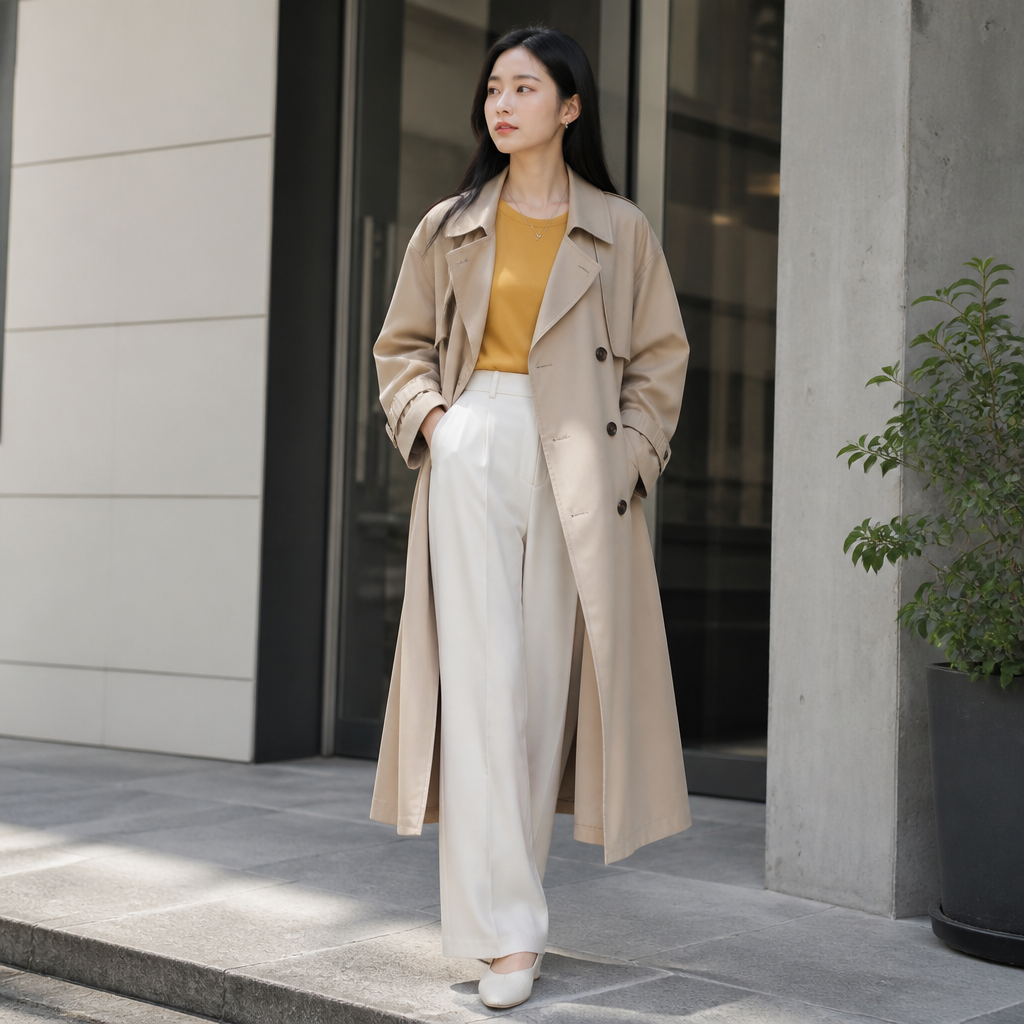 오버사이즈 트렌치코트를 허리끈 풀고 입은 전신 실루엣