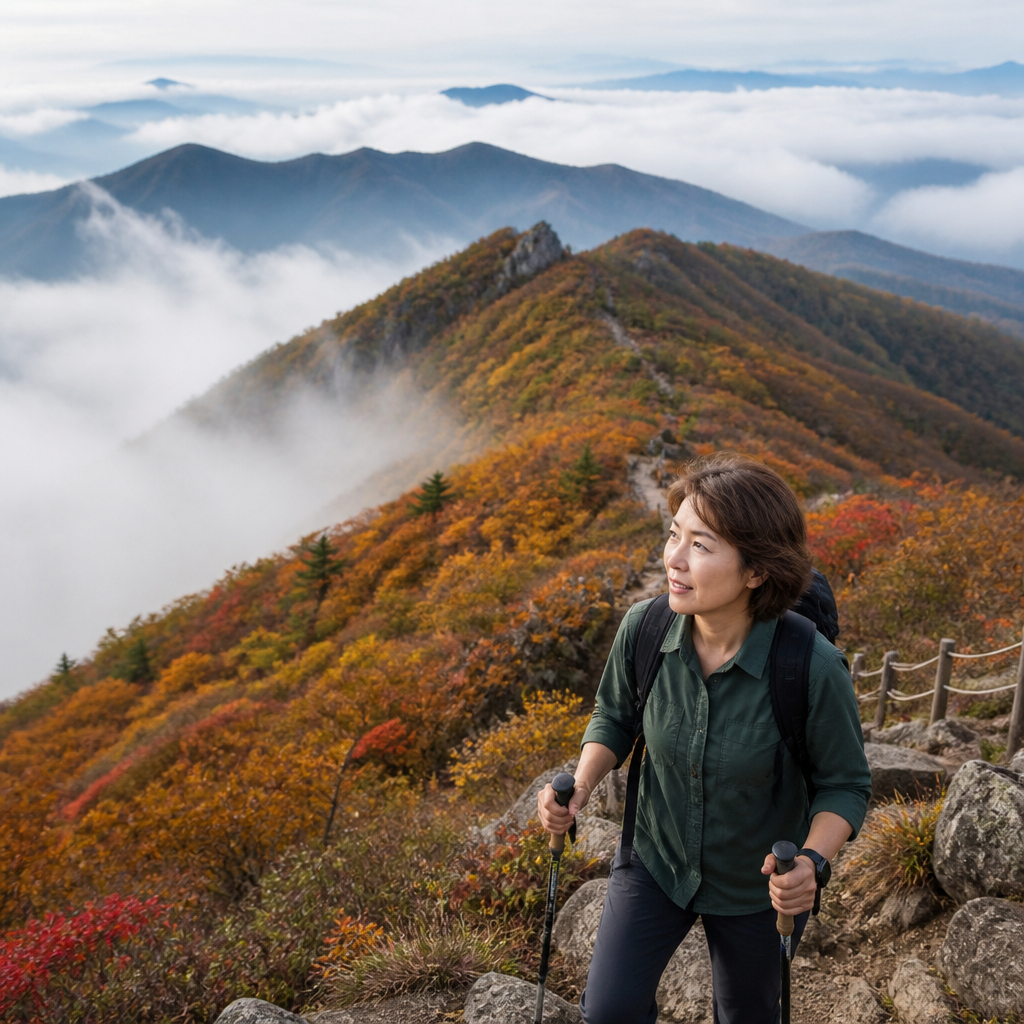 지리산 능선 단풍과 구름 걷는 탐방객