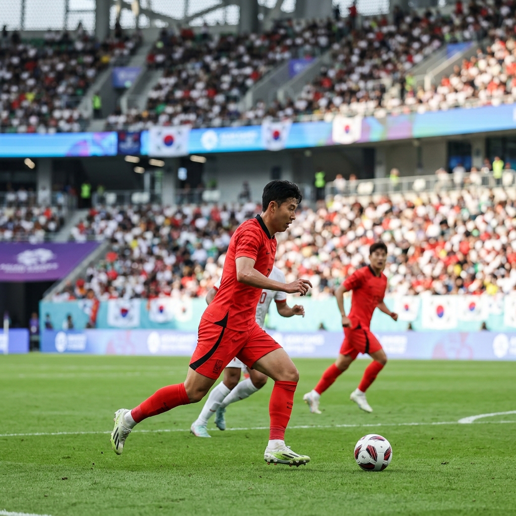아시안게임 축구 경기장에서 대표팀 선수들이 경기를 펼치는 장면
