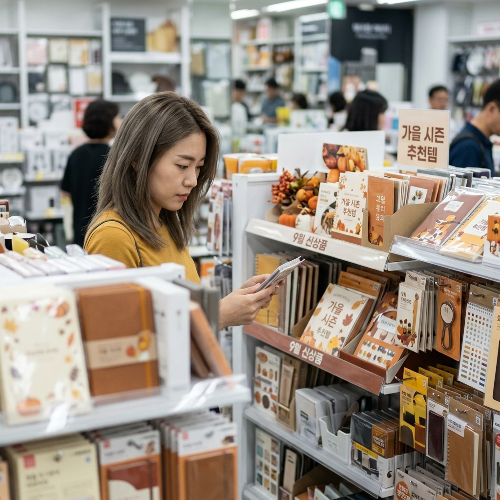 다이소 매장 진열대에 9월 신상품들이 가득 놓여 있는 모습