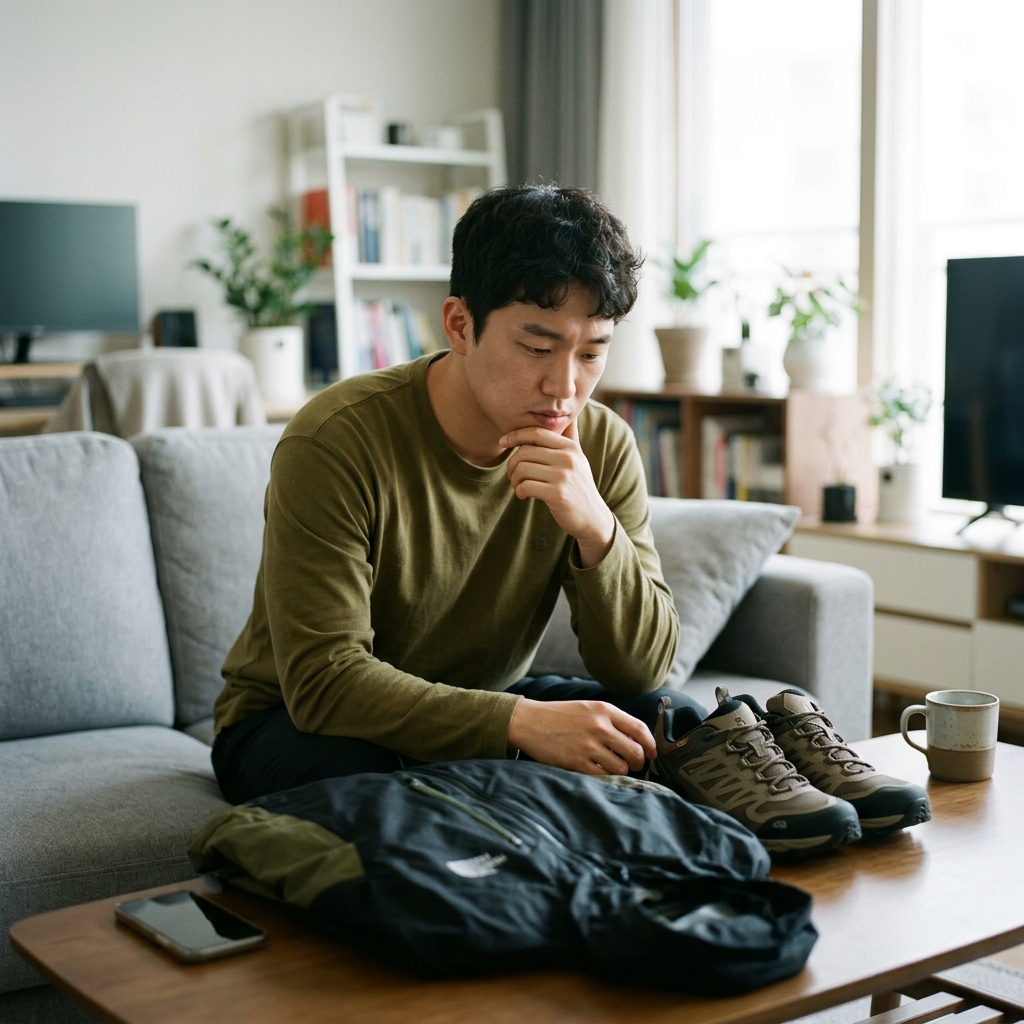 한국인 20대 남성이 거실에서 아웃도어 신발과 바람막이를 고민하며 비교하는 현실적인 장면