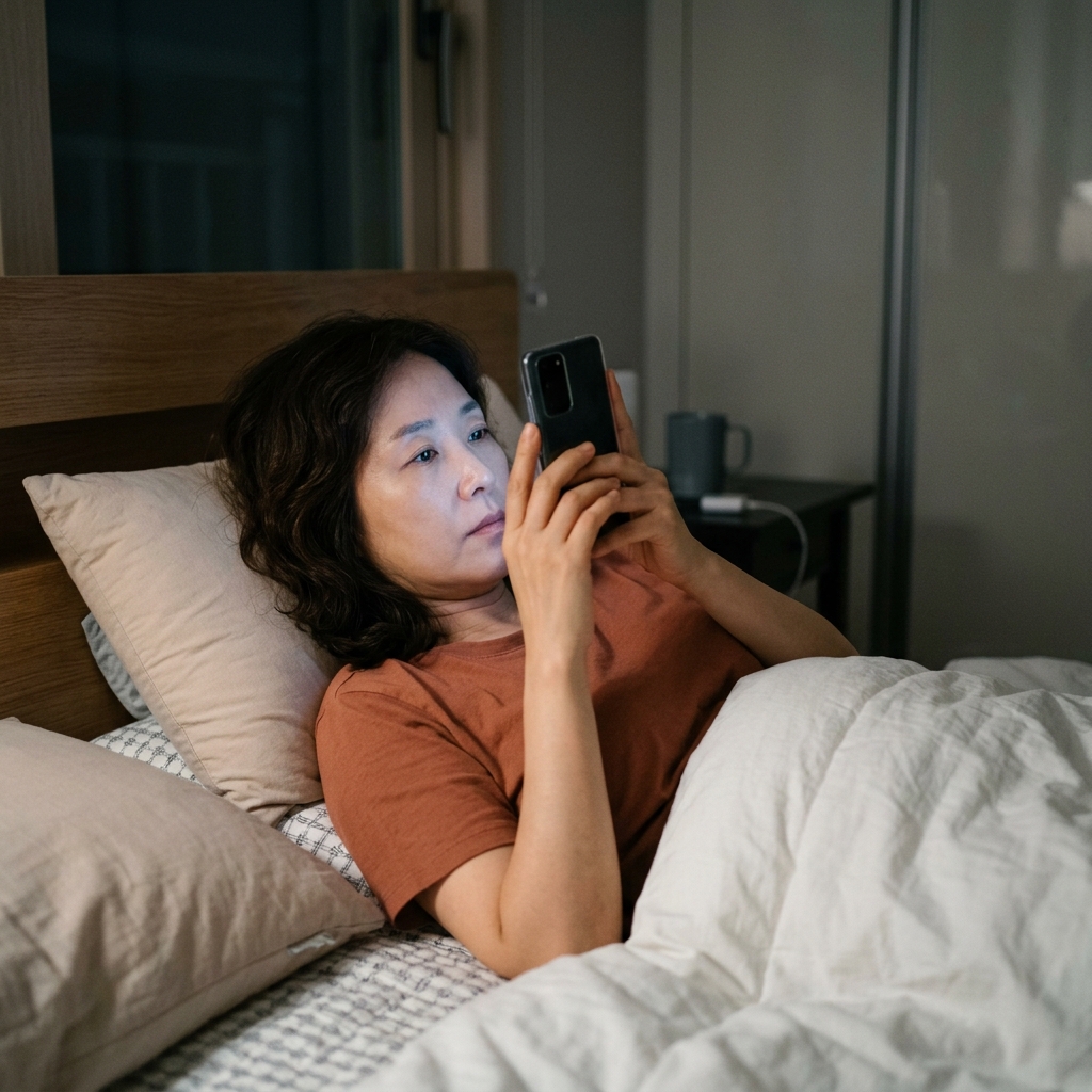 침대 머리맡에서 불 끈 상태로 스마트폰 화면을 가까이 보는 중장년 성인