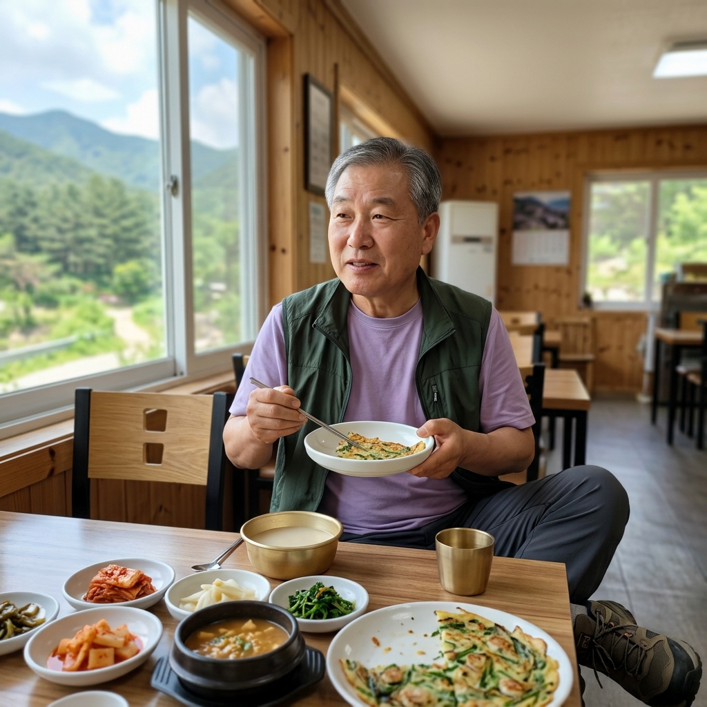 등산복 차림의 60대 남성이 산 아래 식당 테이블에 앉아 막걸리 한 사발을 앞에 두고 점심 식사를 하는 모습, 창밖으로 산 풍경이 보이고 식탁 위에는 파전과 반찬이 놓여 있다