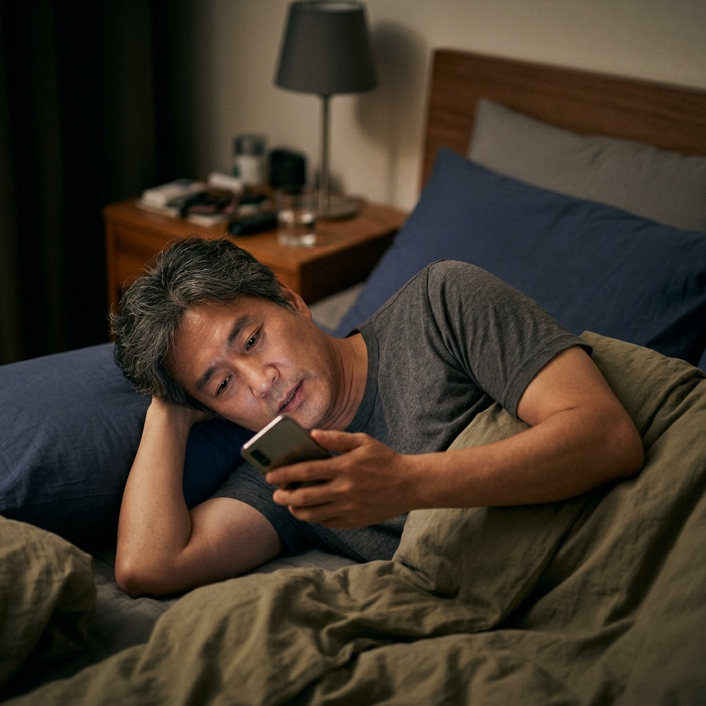 침대 옆 탁자 위 스마트폰 화면 빛을 보며 누워 있는 중년 남성, 얇은 티셔츠 차림, 어두운 침실 배경