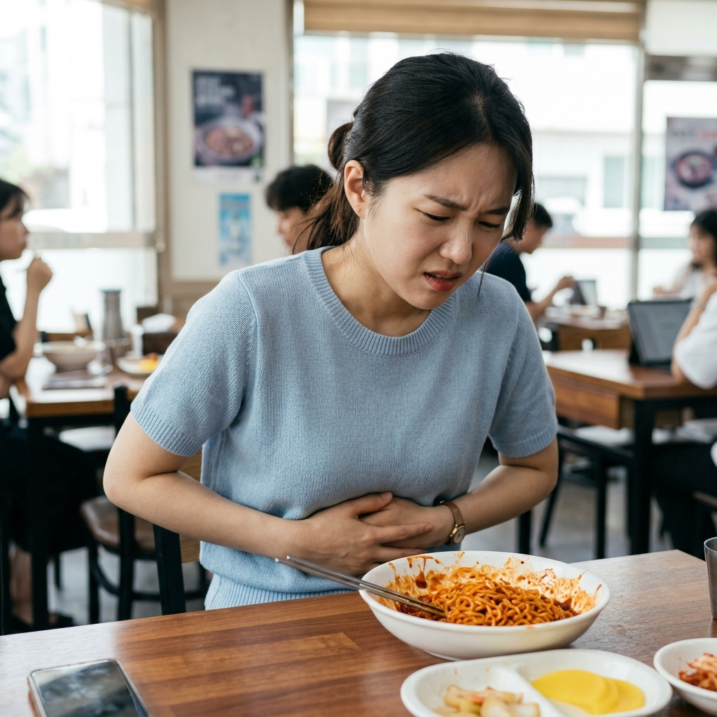 붉은 불닭볶음면을 앞에 두고 속 쓰린 표정으로 배를 감싸 쥔 20대 여성의 모습