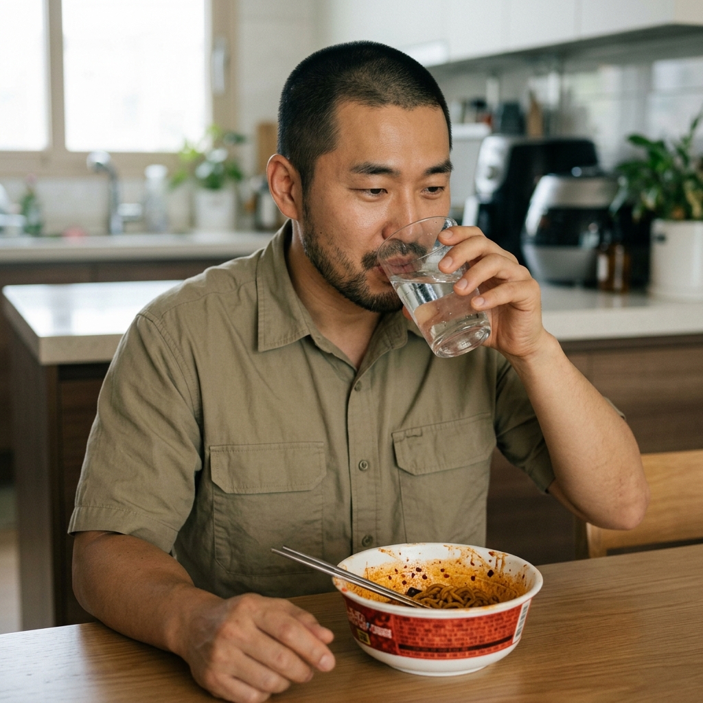 투명한 유리컵에 담긴 물을 마시며 불닭볶음면 그릇 옆에 앉아 있는 30대 남성의 손과 식탁 장면