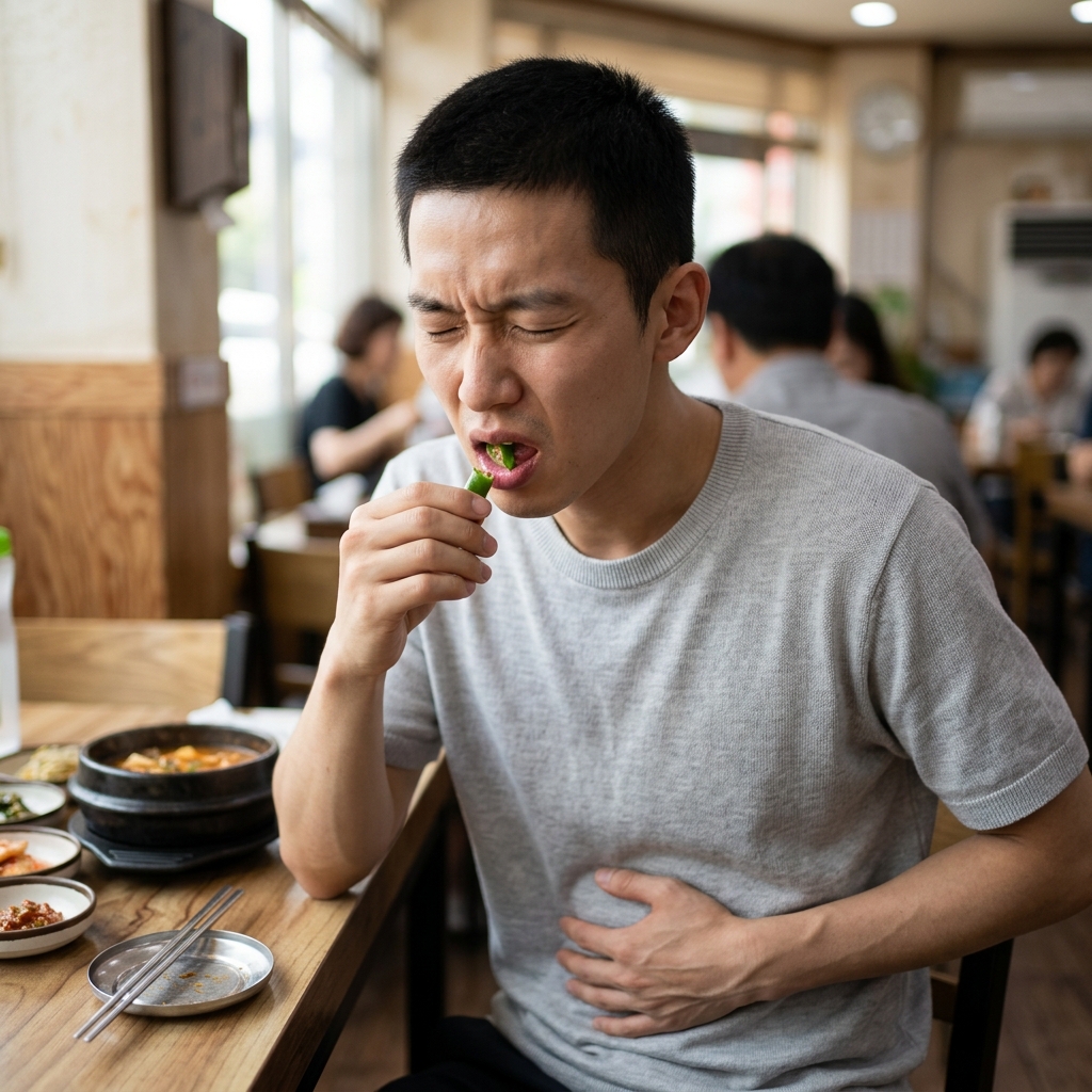 혀에 닿은 매운 고추와 불편한 표정으로 배를 움켜쥔 중년 남성