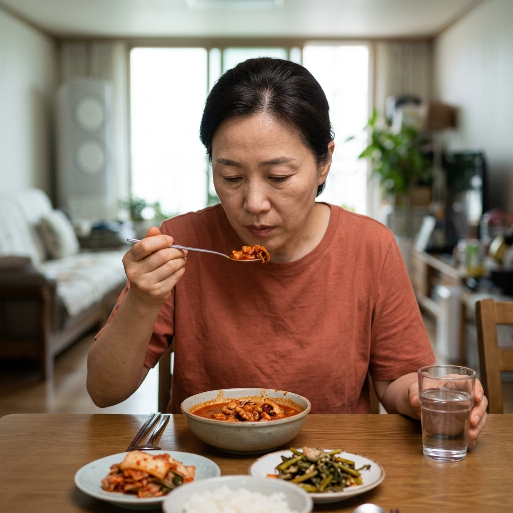 식탁에서 물 한 잔과 함께 매운 음식을 천천히 먹는 50대 여성