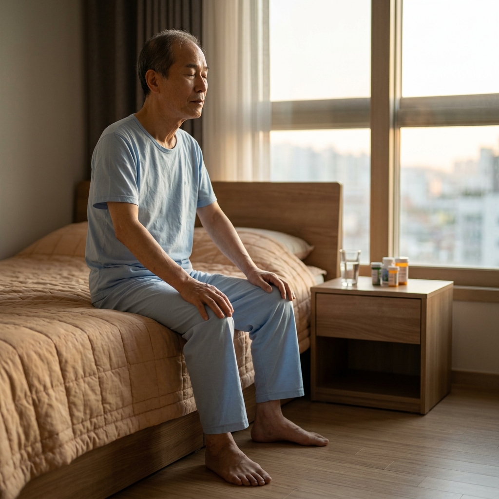 침대 끝에 앉아 발을 바닥에 내리고 잠시 호흡을 가다듬는 70대 남성의 모습, 창밖으로 이른 아침 빛이 들어온다