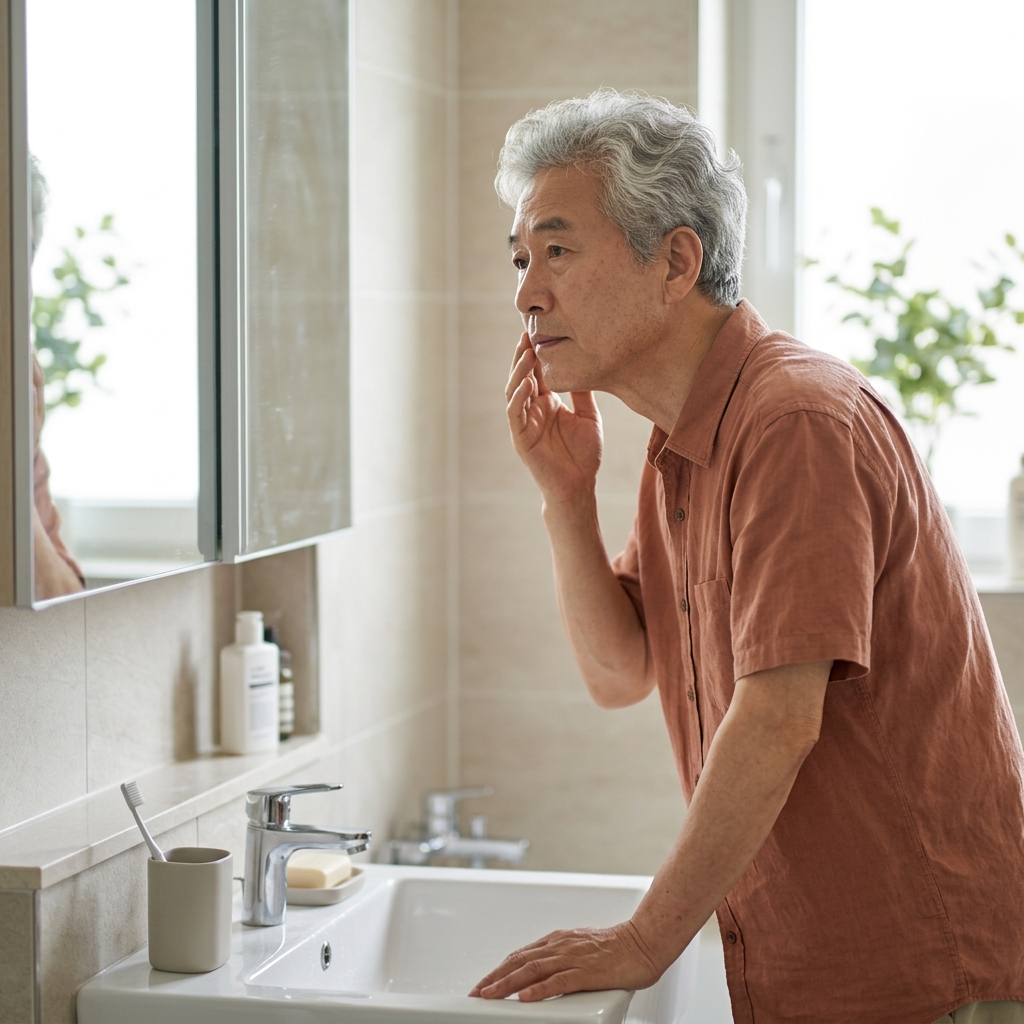 욕실 거울 앞에 서서 세면대에 손을 짚고 자신의 얼굴을 살피는 60대 후반 남성, 얇은 면 셔츠 차림, 아침 햇살이 들어오는 밝은 욕실 배경