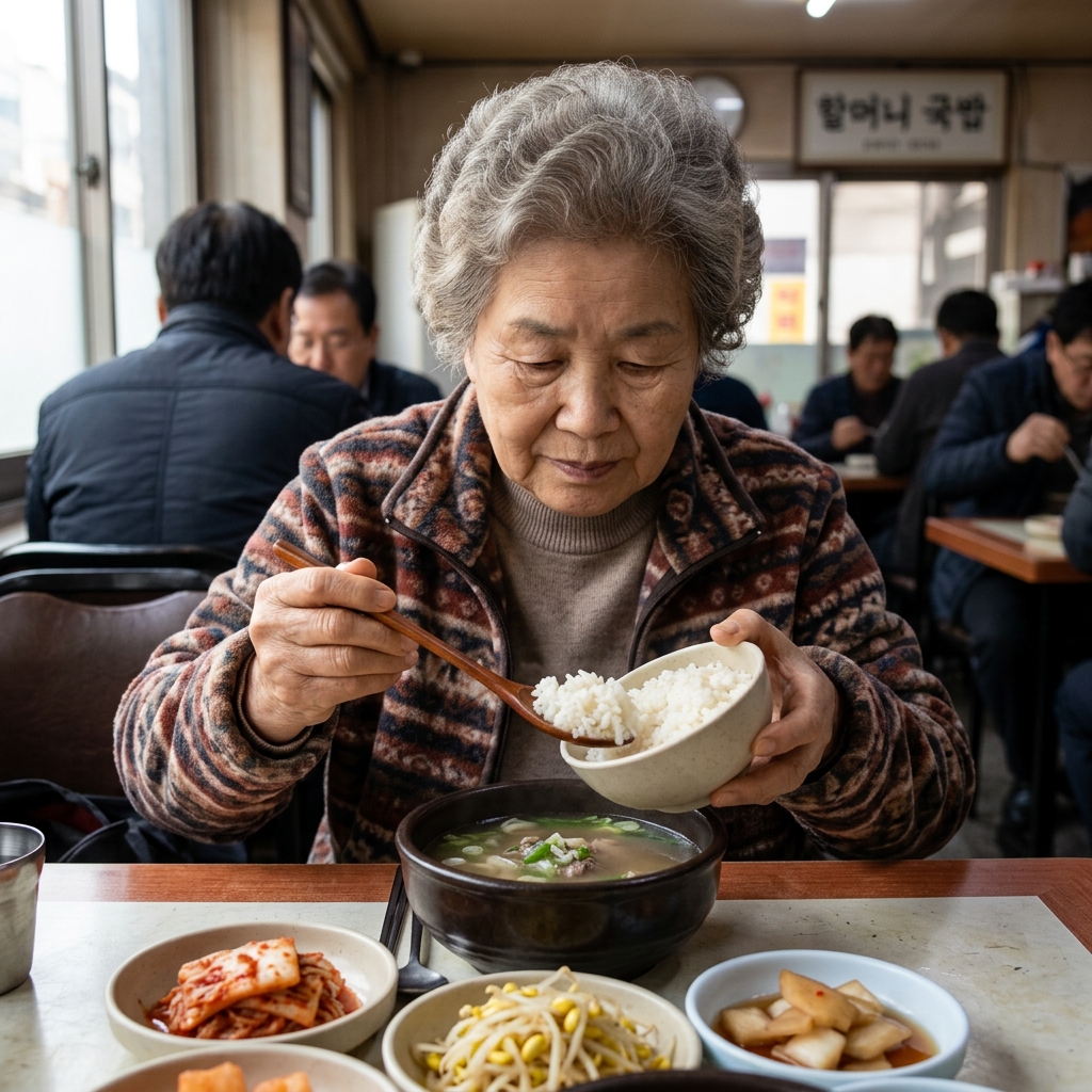 70대 어르신이 식사 중 국물에 밥을 말아 먹는 장면