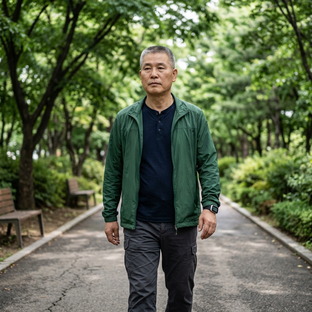 60대 중반 남성이 공원 산책로를 천천히 걷고 있고, 손목에 만보기를 차고 있는 모습. 긴 소매 재킷 착용, 배경에 연한 초록빛 나뭇잎