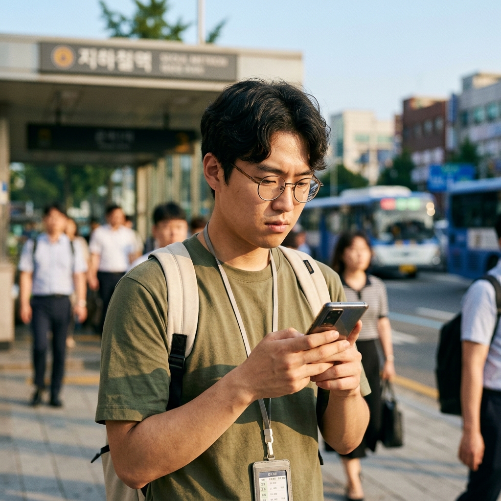 지하철역 앞에서 스마트폰으로 출퇴근 시간을 확인하는 20대 직장인의 모습