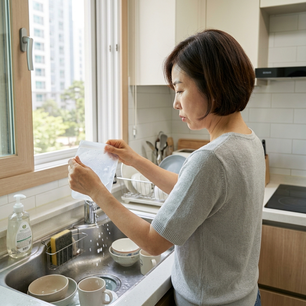 세척한 지퍼백을 뒤집어서 물기를 털고 있는 주방 장면