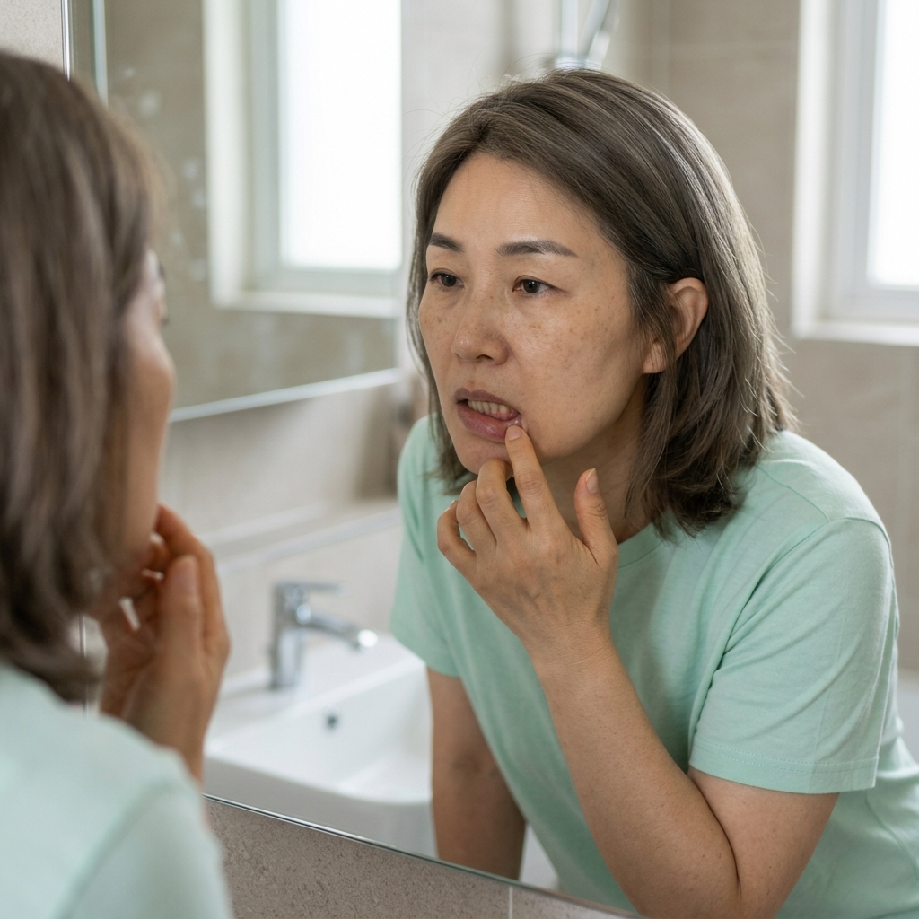 60대 중반 여성이 거울 앞에서 잇몸 아래쪽을 살피며 치아 뿌리 부분을 확인하는 장면