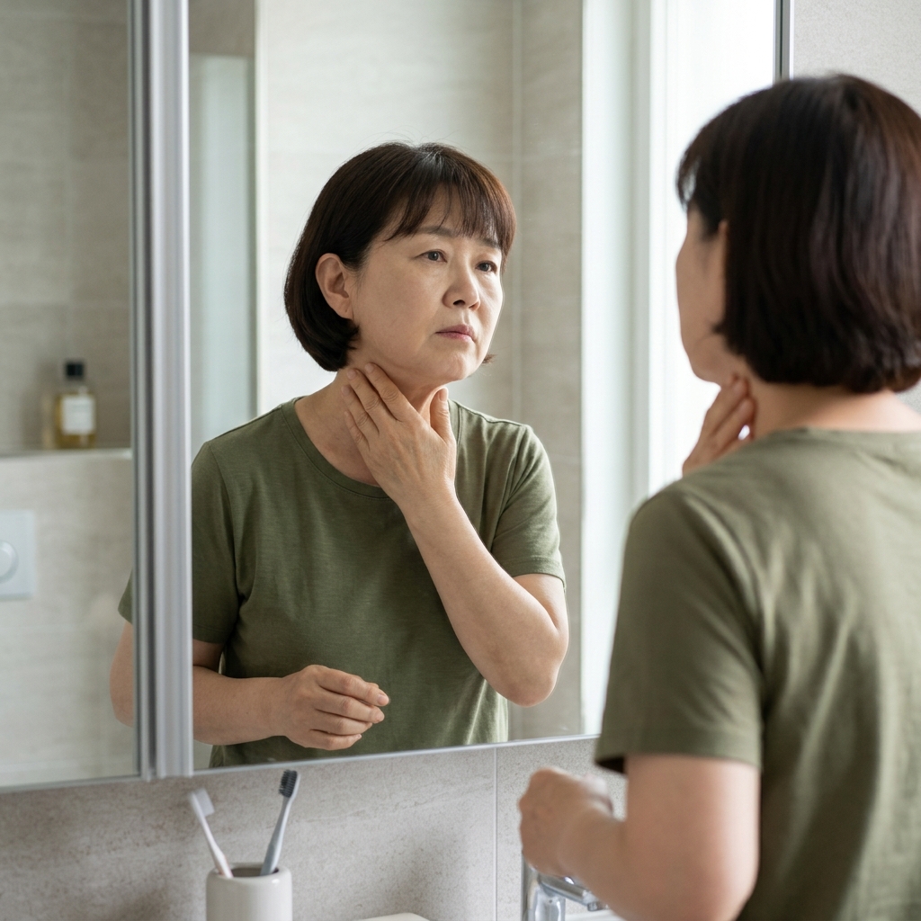 60대 후반 남성이 거울 앞에서 손으로 목 옆을 만지며 확인하는 모습, 실내 조명 아래 얇은 긴팔 셔츠 착용