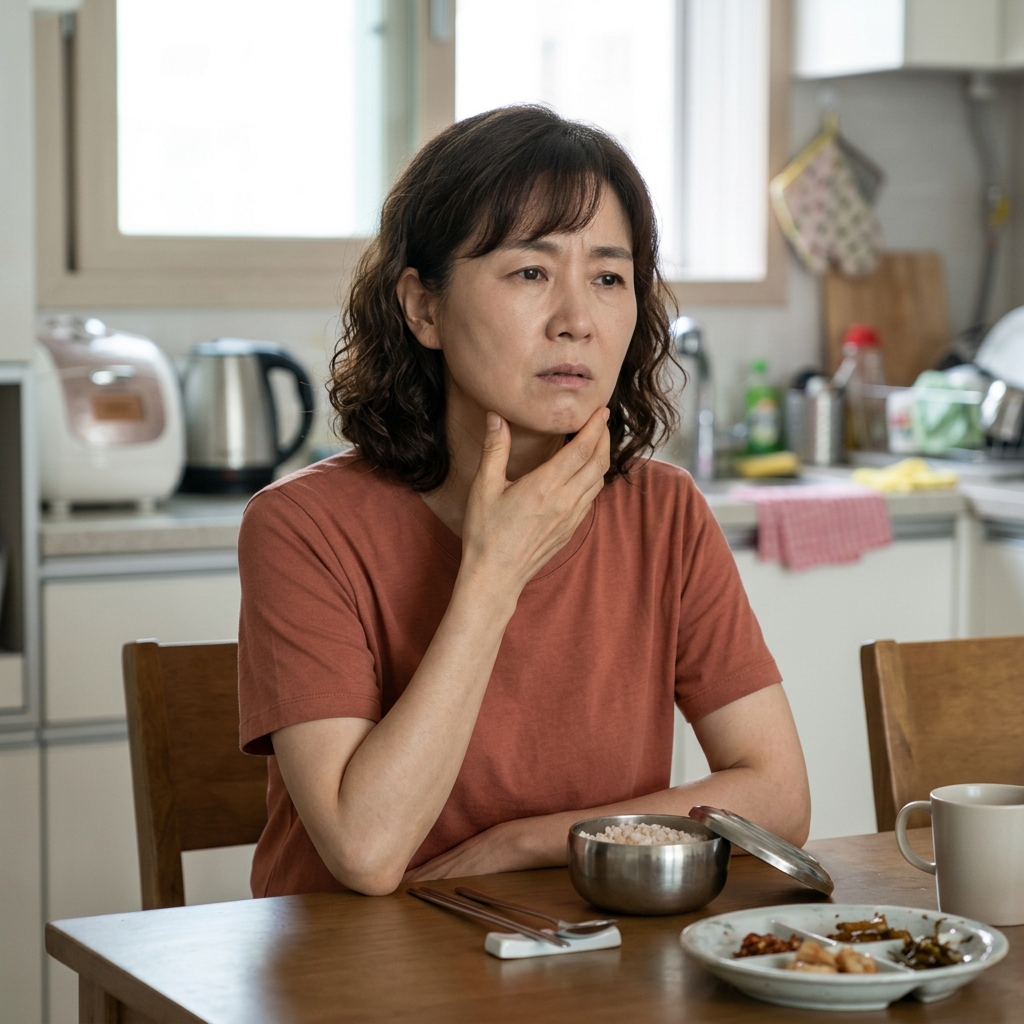 60대 남성이 턱 아래를 손으로 만지며 표정을 찌푸리고, 식탁 위에 밥그릇이 놓인 실내 장면, 긴팔 셔츠