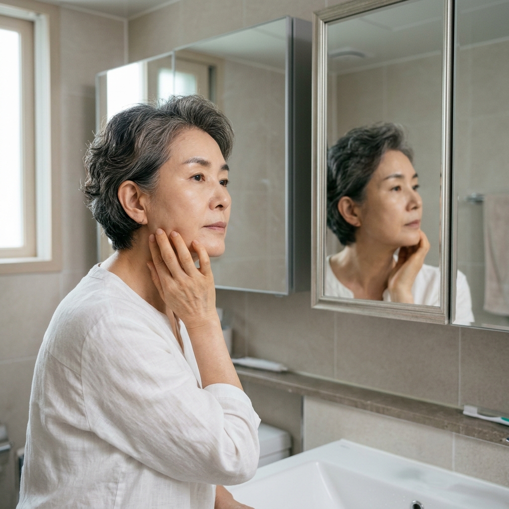 거울을 보며 턱선과 볼 처짐을 확인하는 60대 여성의 모습, 밝은 실내 조명 아래 차분한 표정
