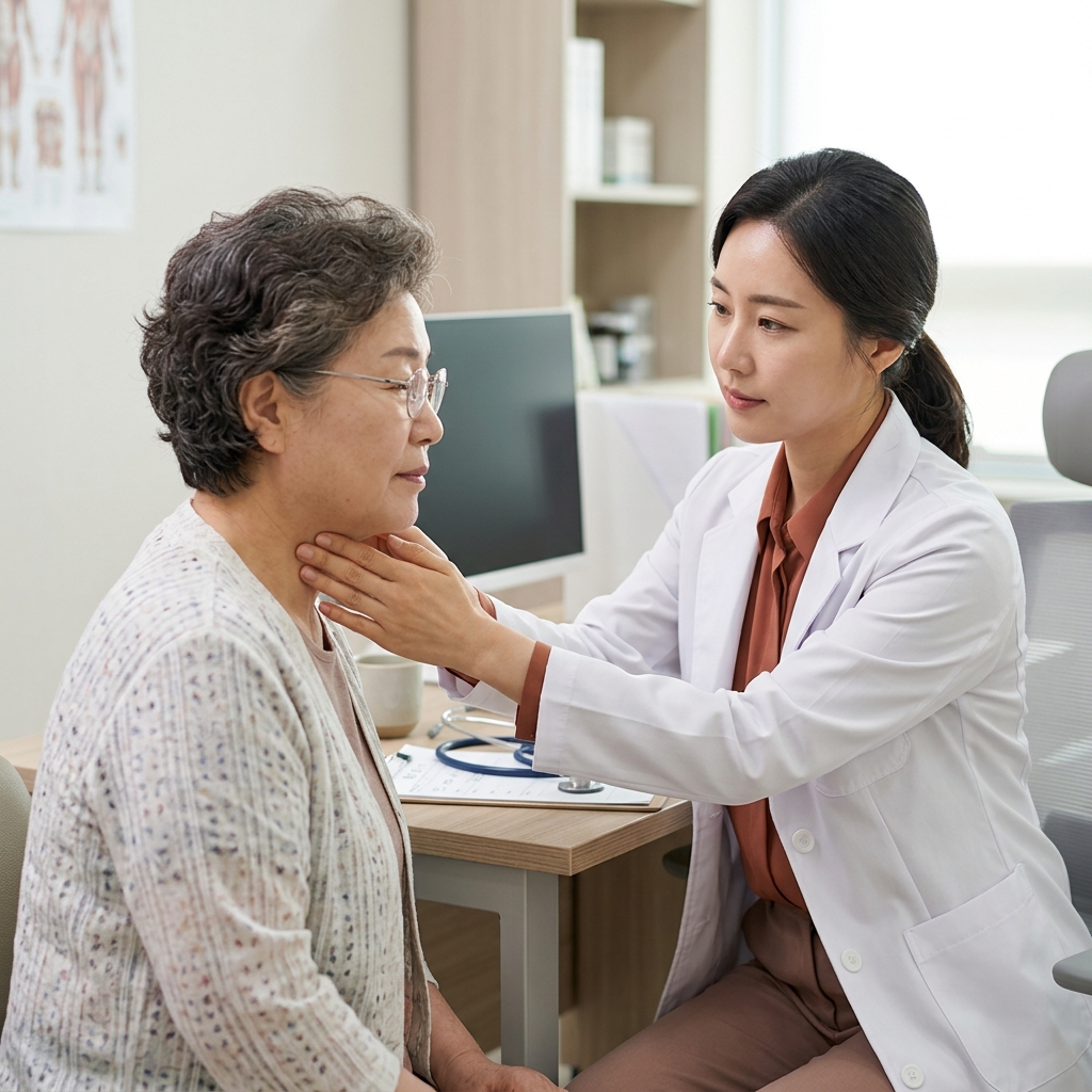의사가 환자의 목 부위를 손으로 촉진하며 확인하는 진료 장면, 진료실 책상 위 청진기와 차트 보임
