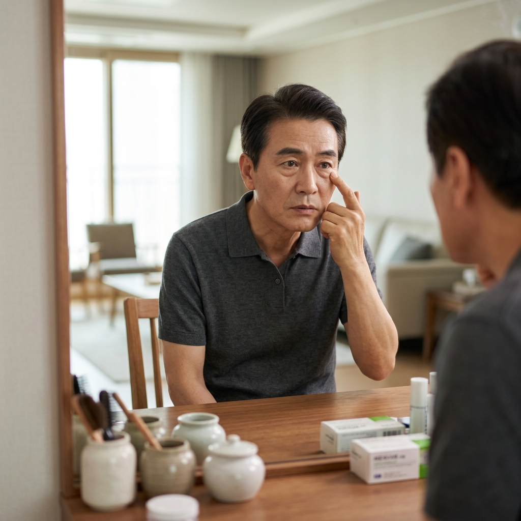 거울 앞에서 눈 밑 변화를 살피고 있는 60대 후반 여성, 얇은 긴팔 니트를 입고 실내 화장대 앞에 앉아 있는 모습