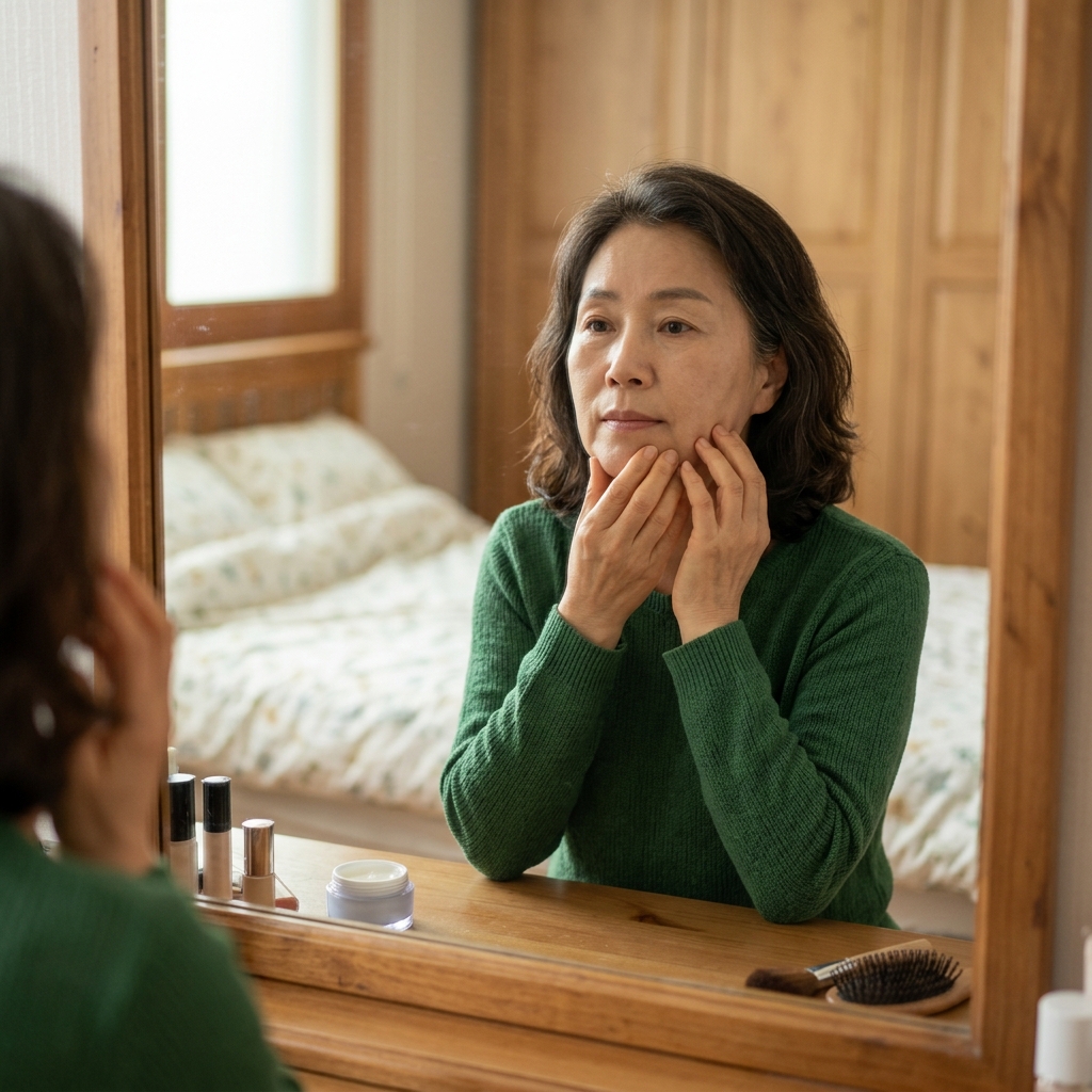 거울 앞에서 양손으로 턱선을 만지며 얼굴 좌우를 비교하는 60대 여성의 모습, 실내 조명 아래 화장대 앞