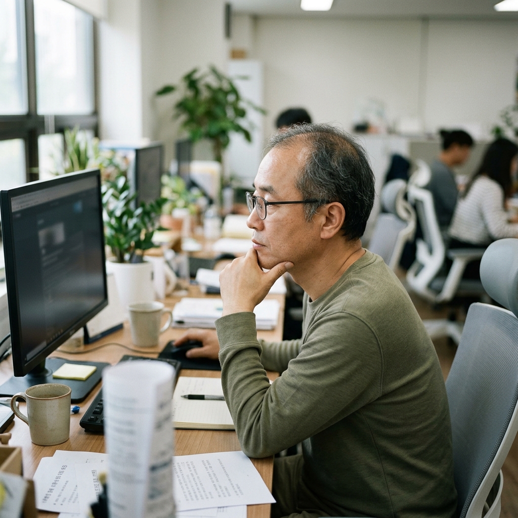 턱을 손으로 괸 채 책상에 앉아 컴퓨터를 보는 50대 남성의 옆모습, 실내 사무실 환경